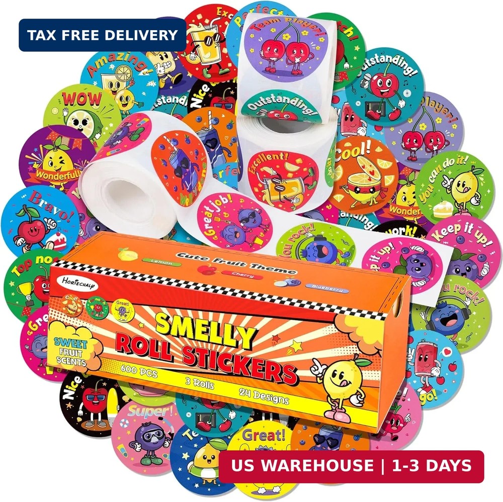 3 Rolls Scratch and Sniff Scented Stickers for Kids, 600 Pcs Motivational Reward