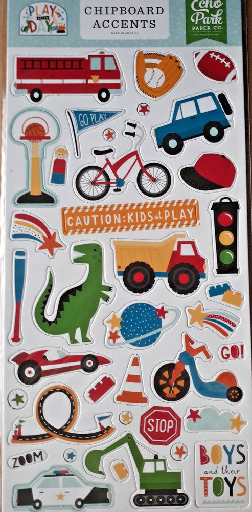 ECHO PARK CHIPBOARD ACCENTS~PLAY ALL DAY BOY~ LARGE 6″X13″~FIRETRUCK~BIKE~DINO