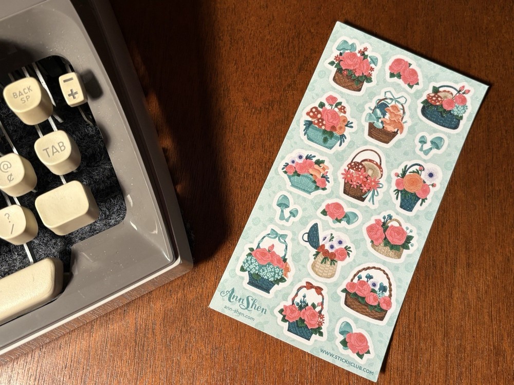 Stickii Teal Basket Roses Mushrooms Sticker Sheet Ann Shen