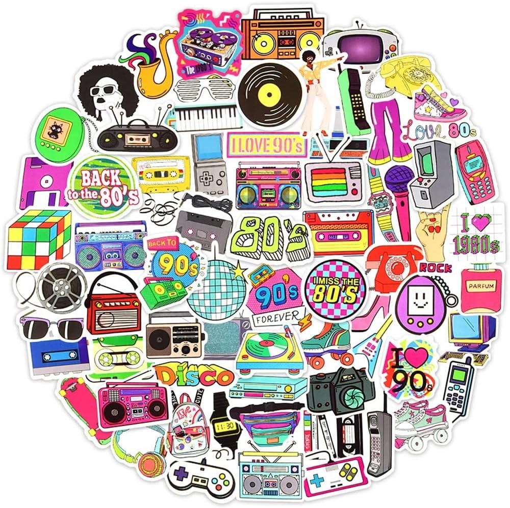 Multicolor 80s 90s Party Stickers – 70PCS Retro Vinyl for Indoor & Outdoor Use