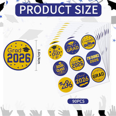 90PCS Blue Gold Class of 2026 Graduation Stickers, 9 Styles Congrats Grad Envelo
