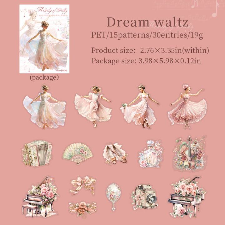 30PCS Music Dancing Girl Stickers PET Waltz Ballet Scrapbooking Diary Planners