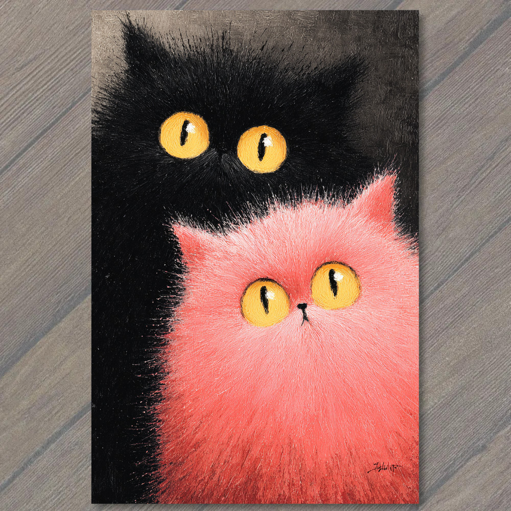 STICKER Black Pink Cats Yellow Eyes Cute Furry Duo Whimsical Art