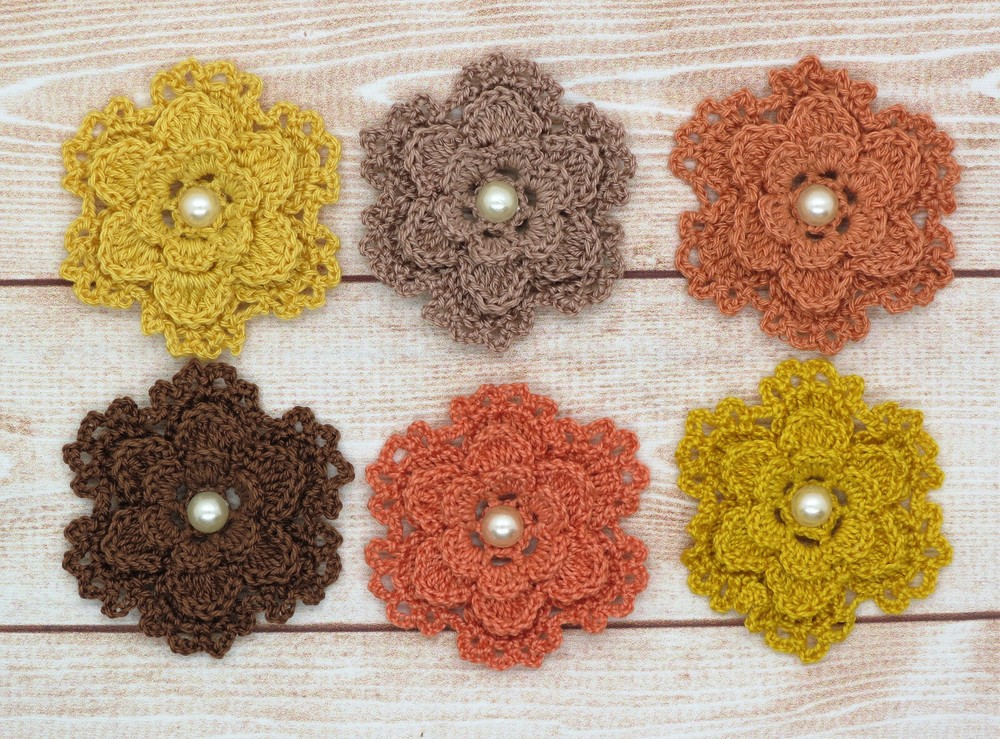 Crochet Flower Layered Lacy Fall Colors 6 pc Cardmaking Applique Embellishment