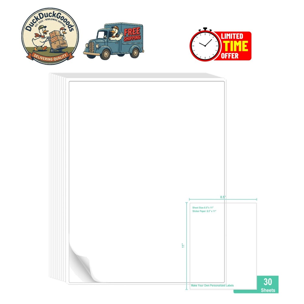 Jam-Free 30 Sheets of 8.5″x11″ White Matte Sticker Paper for Easy Labeling
