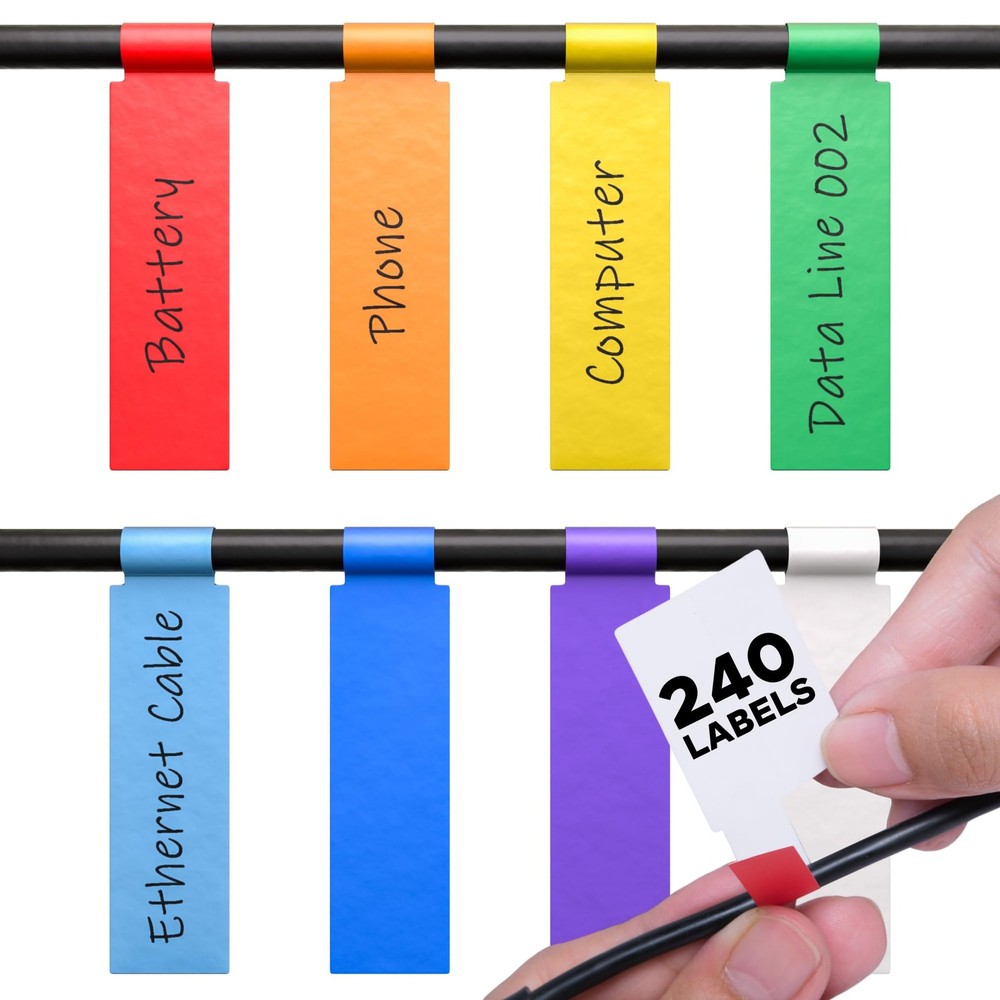 Cable Management Labels 240 pcs Waterproof Cord Tags for Electronics, 8 Colors
