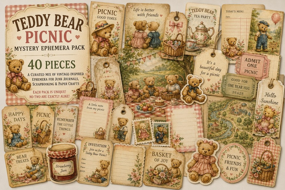 Teddy Bear Picnic Mystery Ephemera Pack 40 Vintage-Inspired Junk Journal Pieces