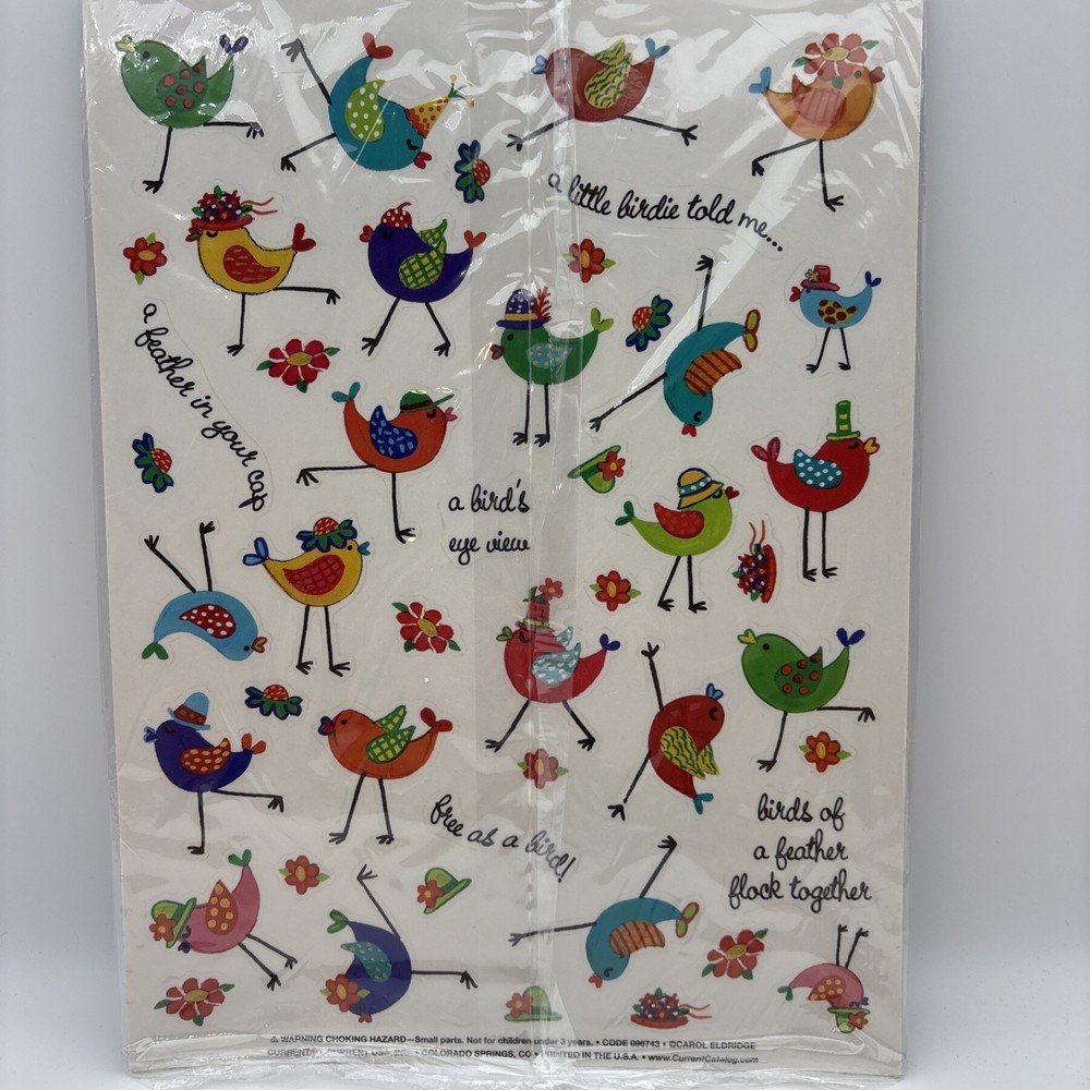 VTG Current 4 Sheet Set Whimsical Bird Stickers By Carol Eldridge NOS
