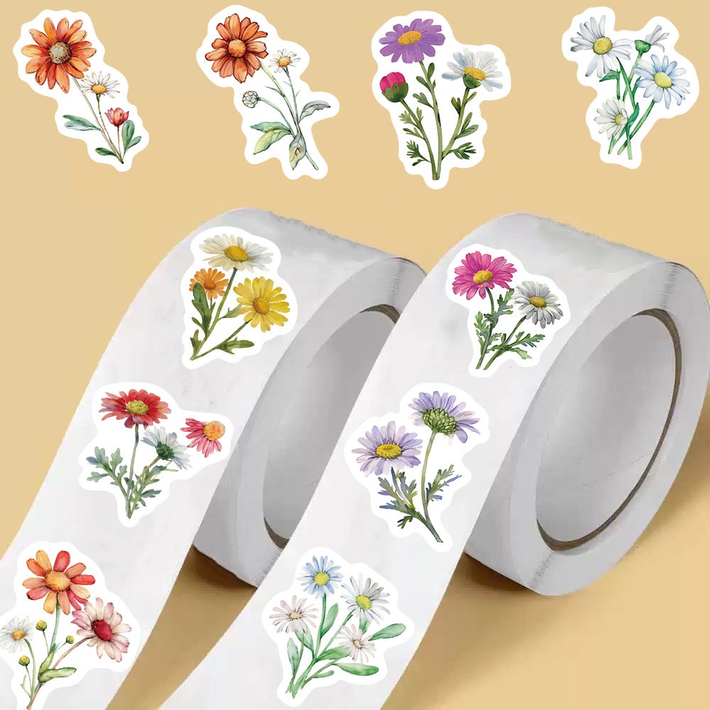 500PCS Daisy wildflowers Roll Stickers Colorful Cartoon Painted Flowers Scrapboo