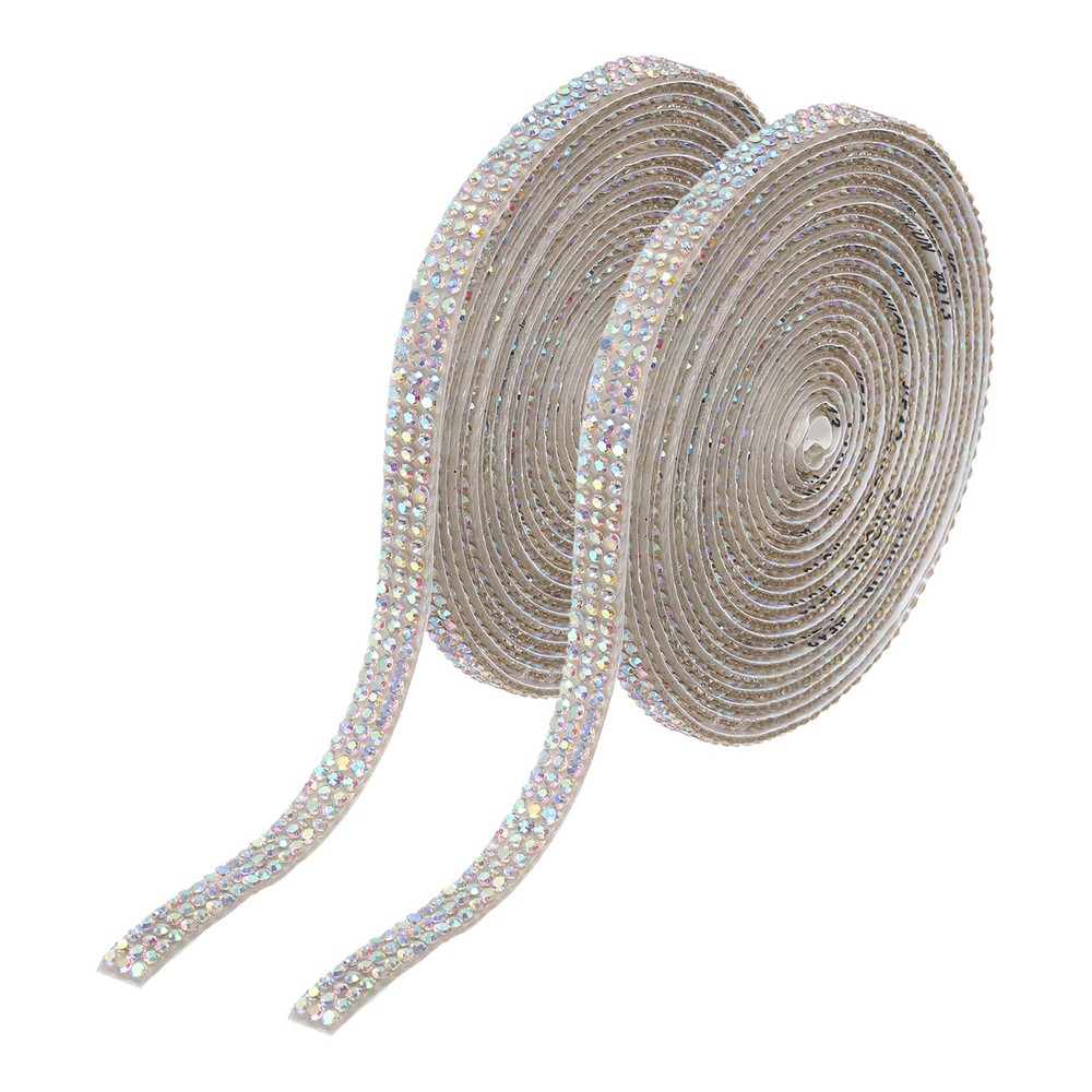 2Pcs Rhinestone Ribbon Silver Colorful Adhesive Rhinestone Strip 0.26″ x 3 Yard