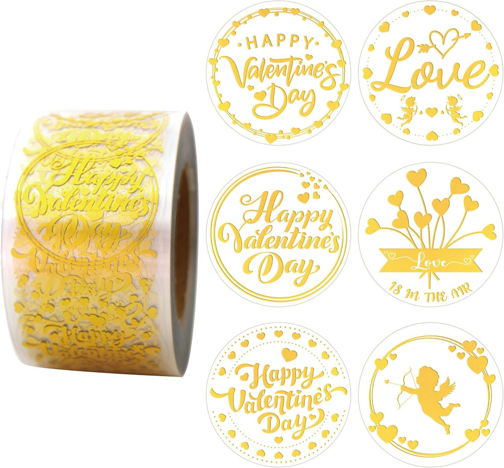 Valentines Stickers, 1.5 Inches, 600 Sheets, 6 Waterproof Transparent Gold Foil