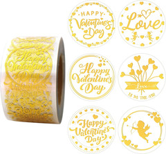 Valentines Stickers, 1.5 Inches, 600 Sheets, 6 Waterproof Transparent Gold Foil