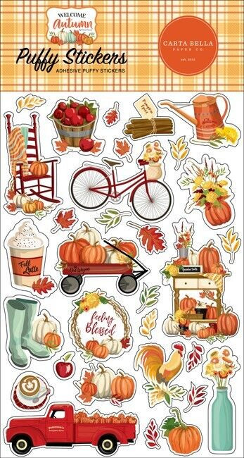 Welcome Autumn Fall Pumpkins Apples Latte Leaves Blessed Carta Bella Stickers