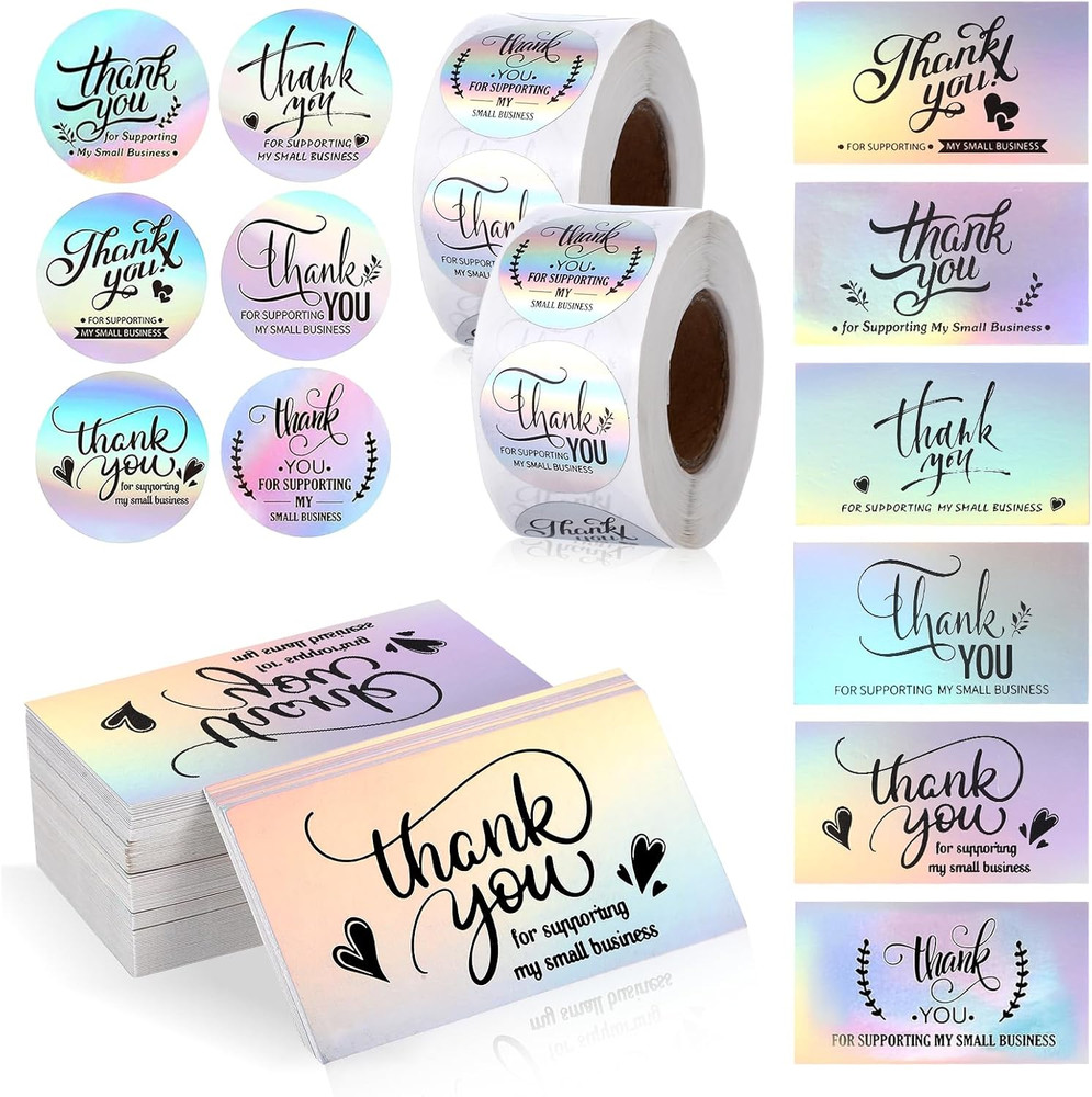 1120Pcs Thank You Stickers and Cards Set for Supporting My Small Holographic