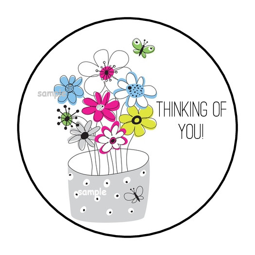 THINKING OF YOU ENVELOPE SEALS STICKERS LABELS TAGS 1.5″ ROUND FLOWERS FLORAL 30
