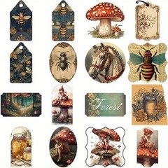 50pc Vintage Retro Bee Butterfly, Flower & Mushroom Sticker Set For Scrapbooking