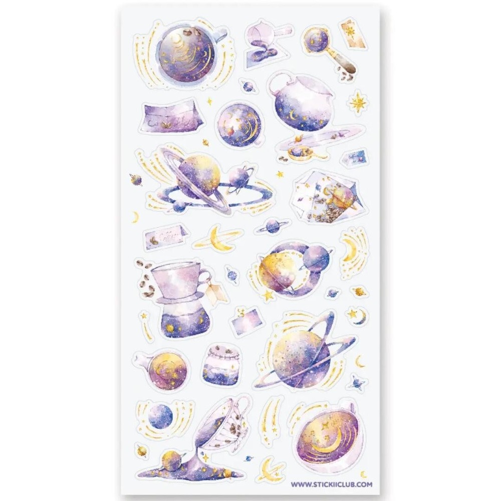 Celestial Coffee – Sticker Sheet – Planets, Moon, & Stars – New in Packaging