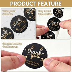 500Pcs Black Thank You Stickers Roll – 4 Gold Foil Font Designs, 1.5 Inch Thank