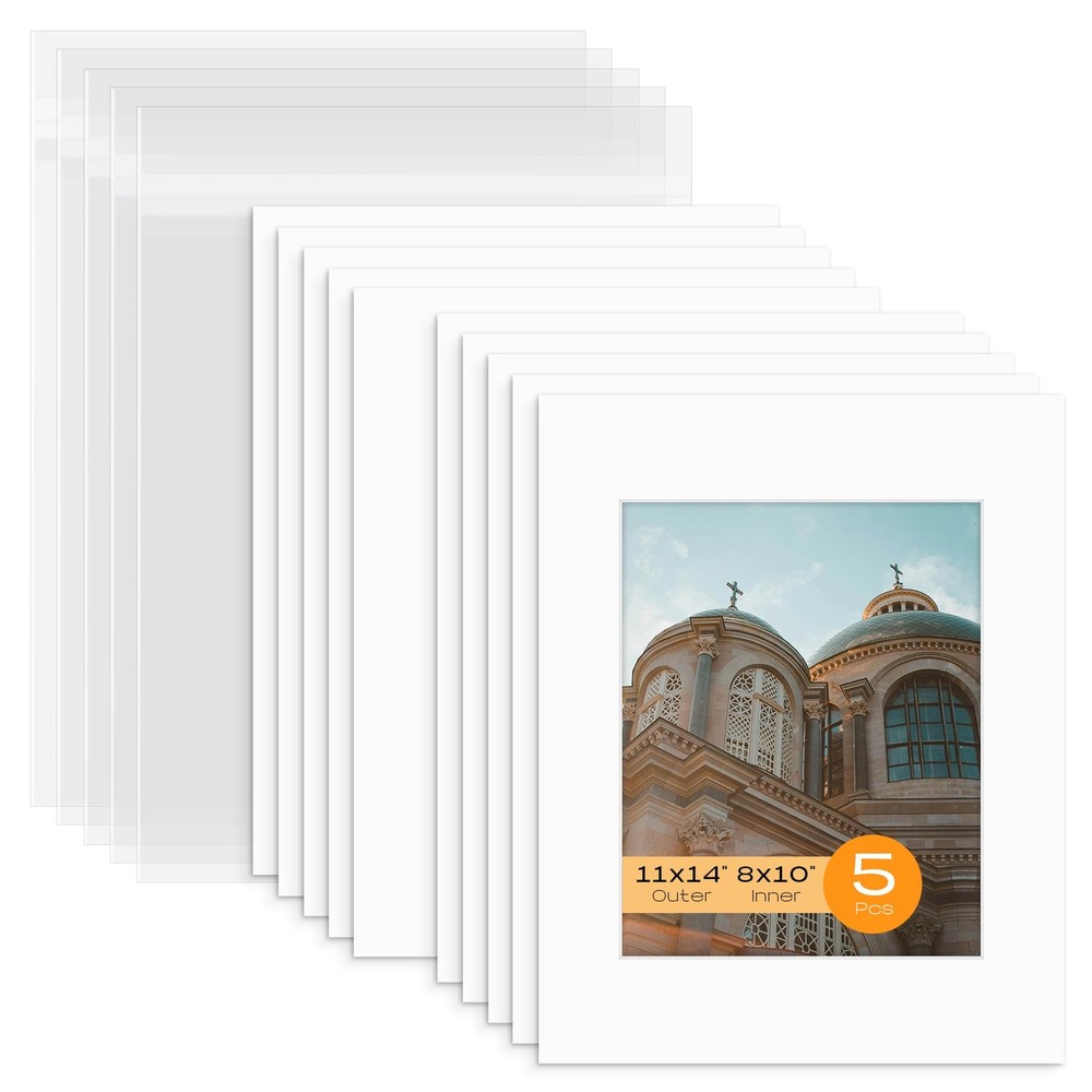 Mat Board Center, Pack of 5 Bevel Cut 11×14 White Mat for 8×10 Photo with Whi…