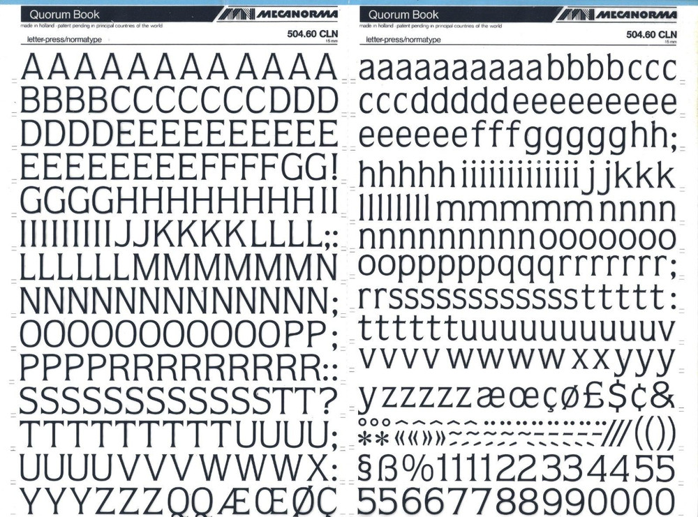 Mecanorma Dry Transfer Lettering Sheet A3, Letraset #29, Quorum Book 15mm