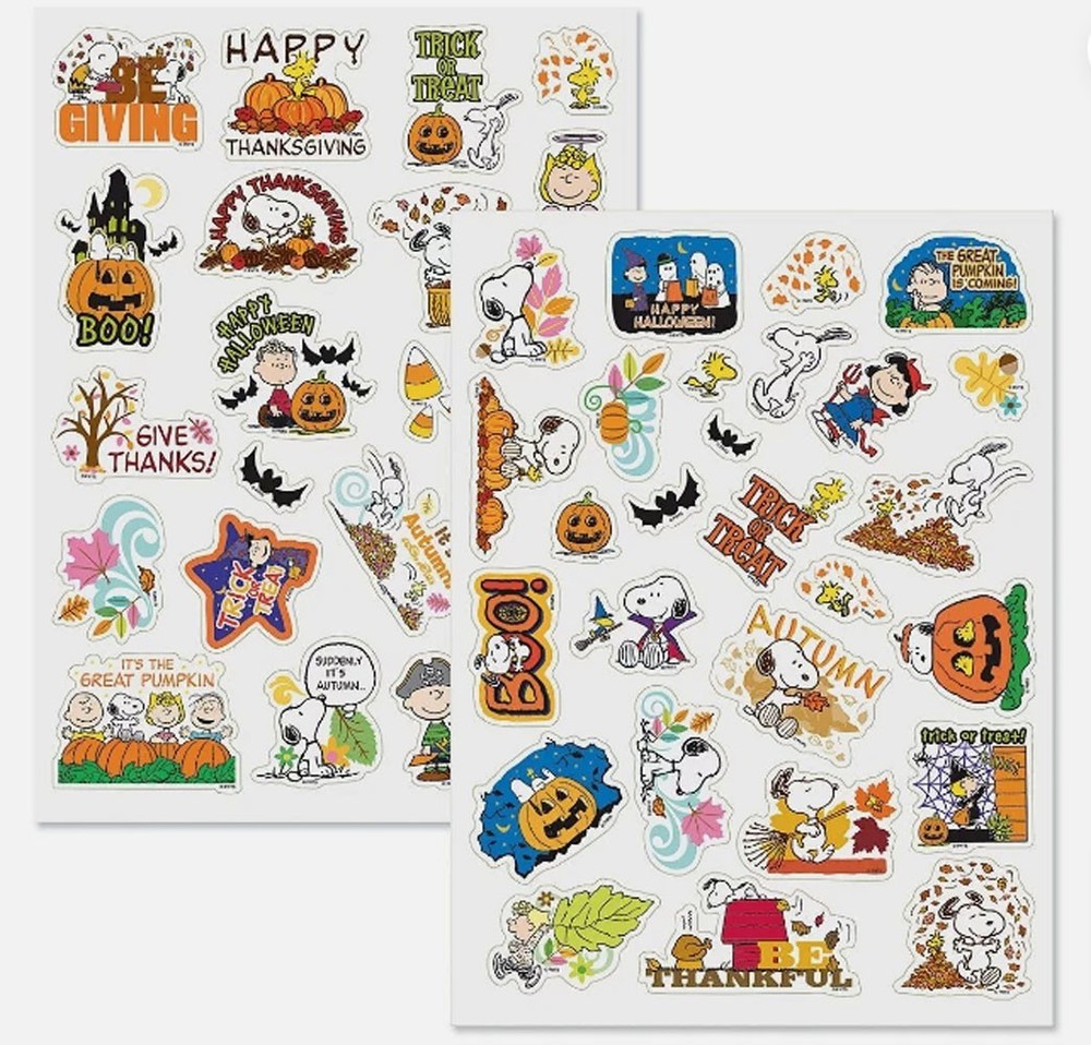 Peanuts Snoopy Charlie Brown Autumn Halloween Thanksgiving Themed Stickers 2 Pk