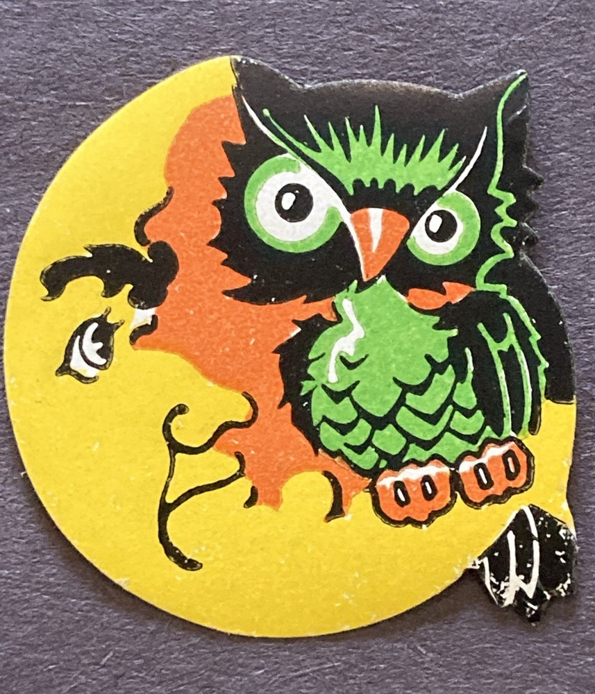 Halloween Dennison Owl & Moon Used Gummed Seal 1950s