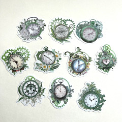 Flower Clock Stickers Green Junk Journal Collage Scrapbooking