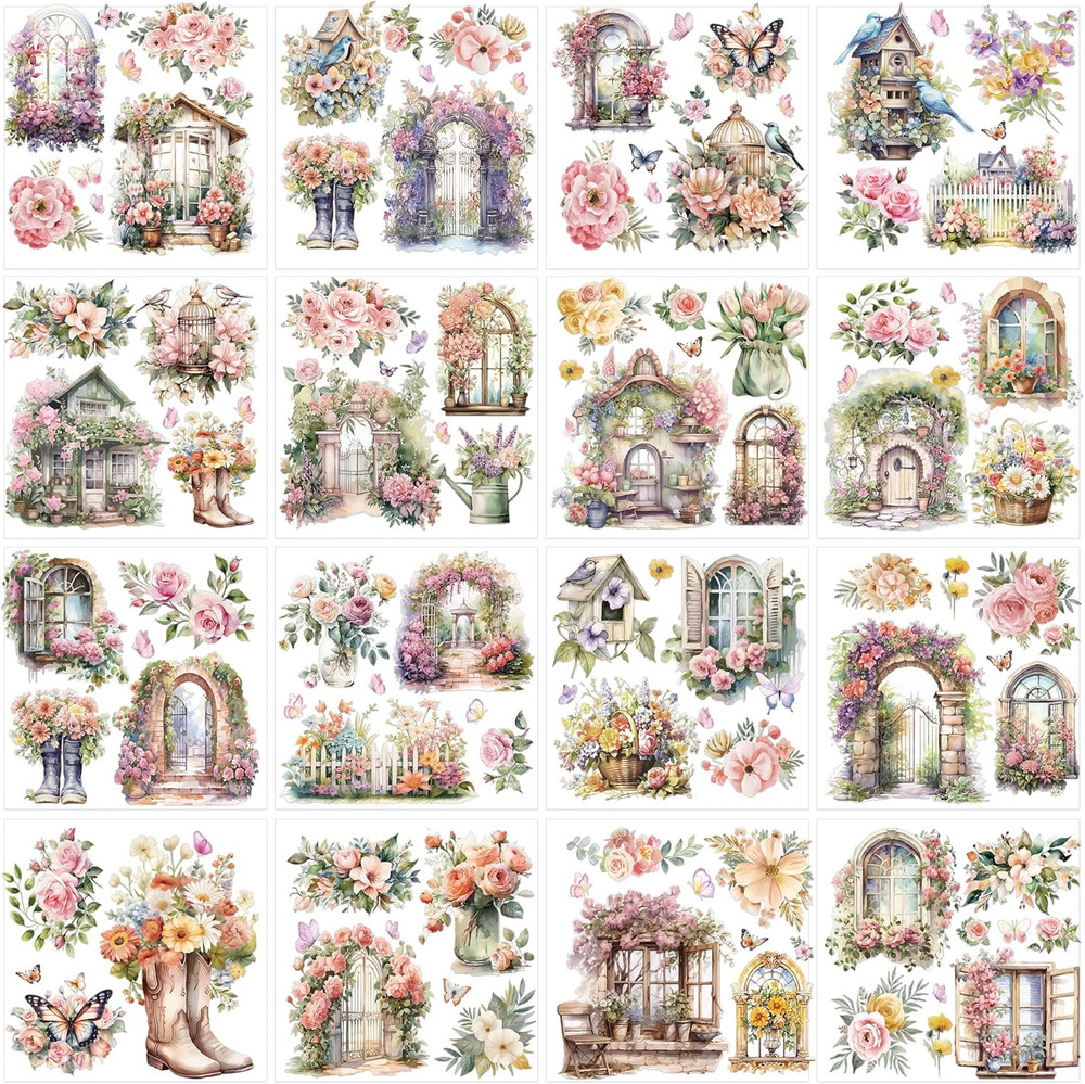 Garden Birds Rub on Transfer for Crafts: 16 Pcs Secret Garden Flower Rub on Tran