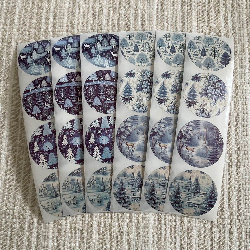 24 Blue Winter Holiday Stickers, 1.5” Envelope Seals