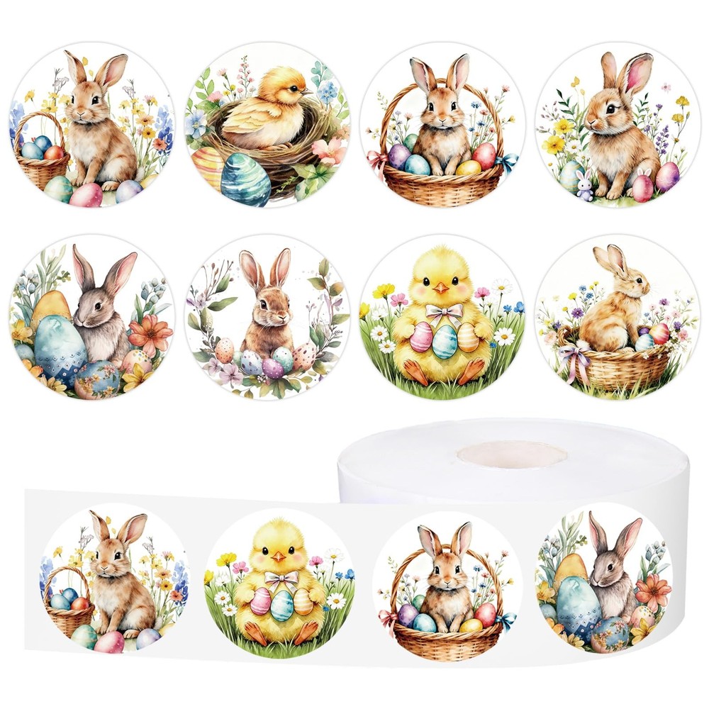 1000 Pcs Easter Stickers Roll Retro Watercolor Egg Rabbit Bunny Chick Flower R
