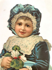 Large Lovely Die Cut of Girl In Blue Hat & Dress Holding Flower *