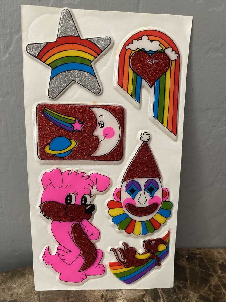 Gordy International Glitter Puffy Stickers Vintage Red Hearts Clown Rainbow Star