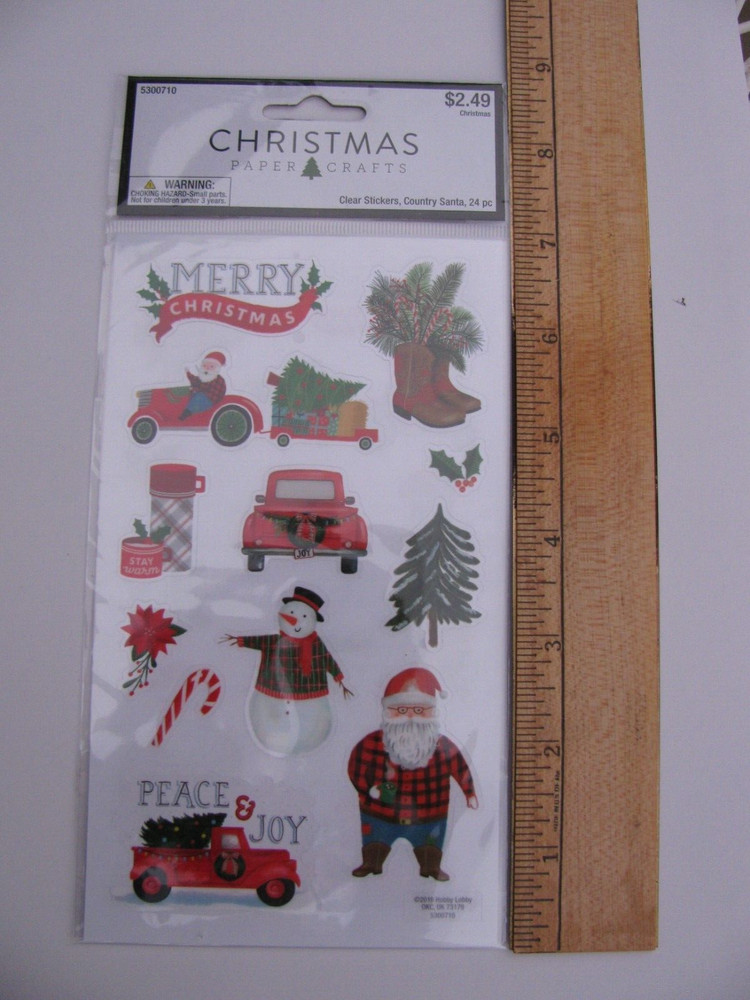 Hobby Lobby Clear Stickers COUNTRY SANTA Red Pickup Snowman Boots 24 Pieces NIP