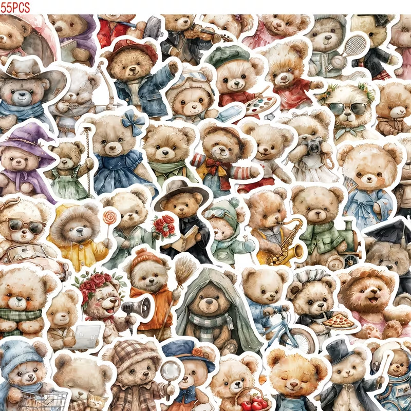 55pcs Cute Teddy Bear Stickers Waterproof Adorable Decals for Phone Case Laptop