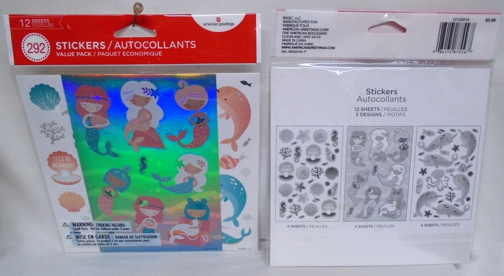 American Greetings Stickers Value Pack Mermaids Sea shells Fish 12 Shts 292 Pcs