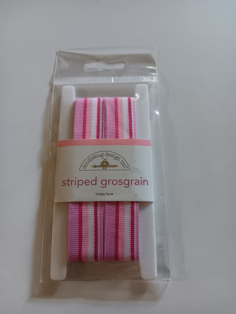 Doodlebug Ribbon Spool Striped Grosgrain Loopy Love Pink White