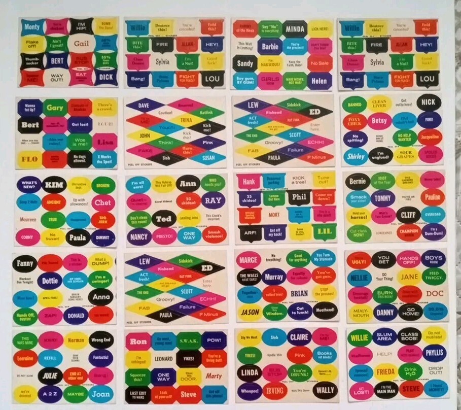 Vintage Sticker Card Lot Names Sayings Humor great for kids teens 1960s Lot 2