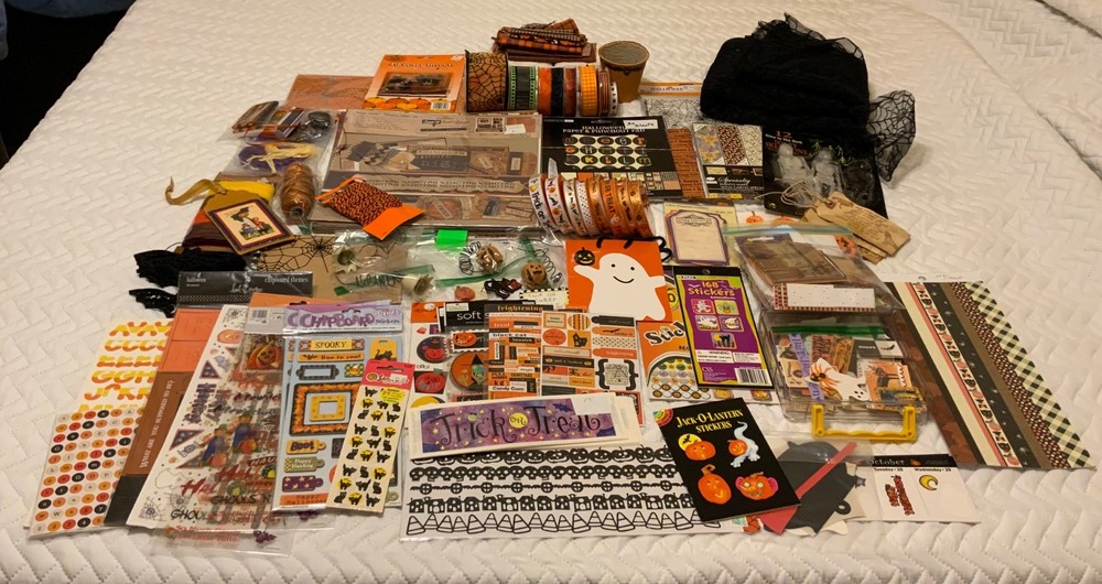 HUGE Halloween Crafting Scrapbooking Lot Paper Fabric Stickers Ribbon Die Cuts