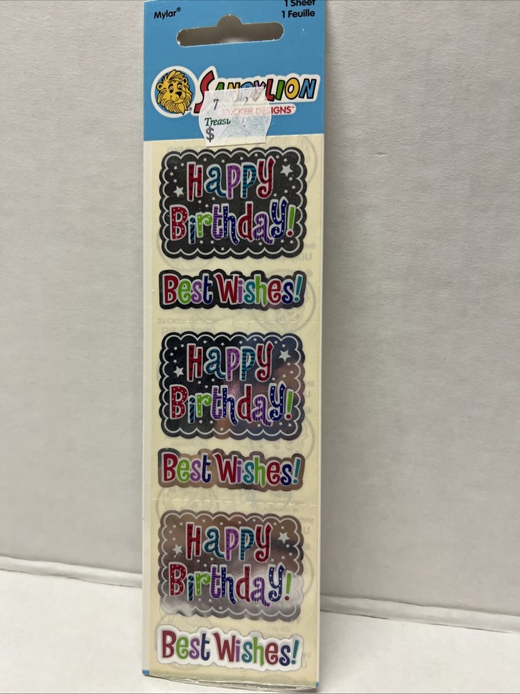 Sandylion sticker – Mylar – Silver w/Multi-color Letters-Happy Birthday-Retired*
