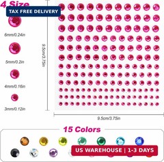 Rhinestone Stickers 2478Pcs Self Adhesive Facial Gem Stickers,4 Sizes 15 Colors