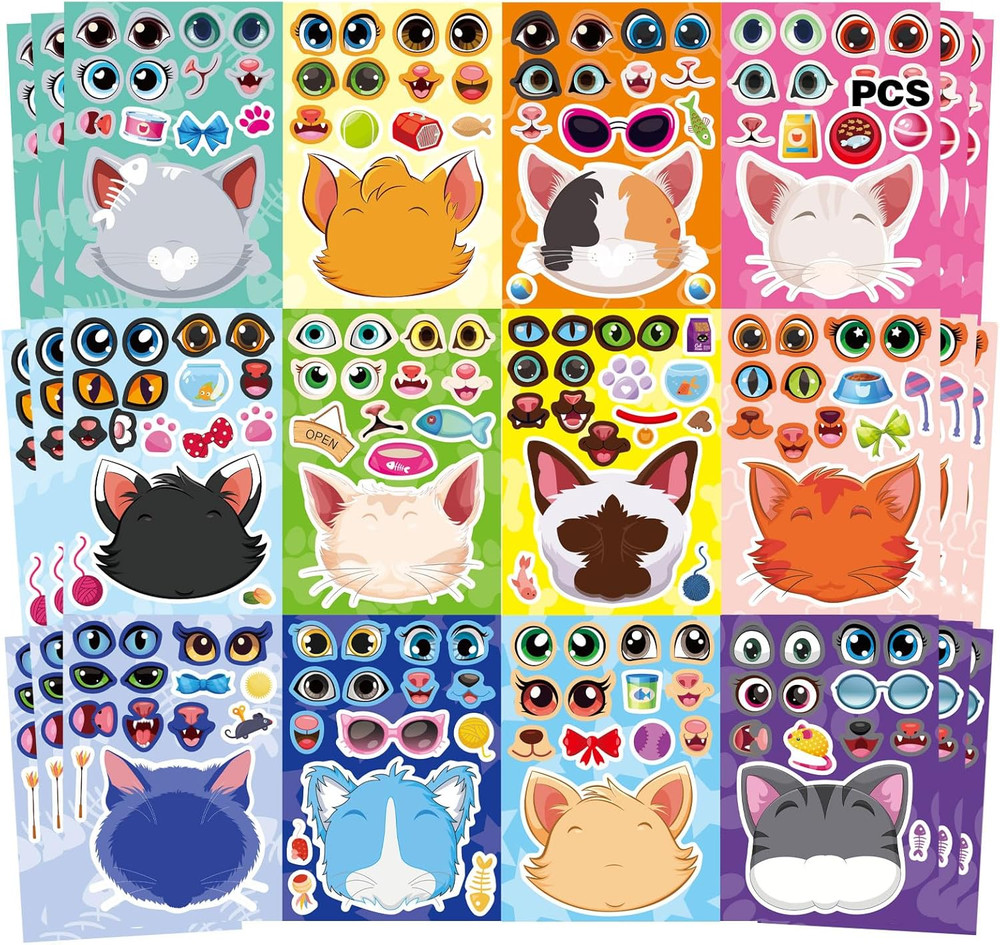 36 Cat Face Sticker Sheets for Kids – Make Your Own Stickers for Parties