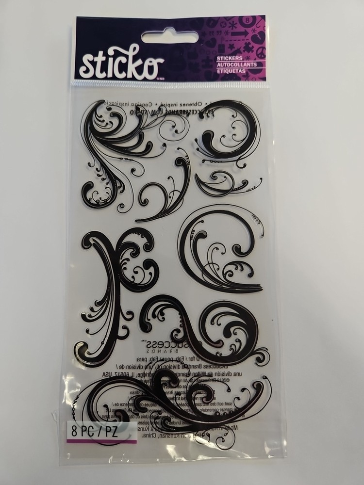 Dainty Black Flourishes Scrapbooking Stickers Sticko Decorative Design Fancy 8pc