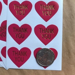50 Heart Shaped Thank You Stickers On Glossy Hot Pink Paper With Gold Lettering