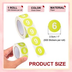 500Pcs/Roll Number 6 Stickers 1″ Round Coded Self-Adhesive Labels Grass, Green