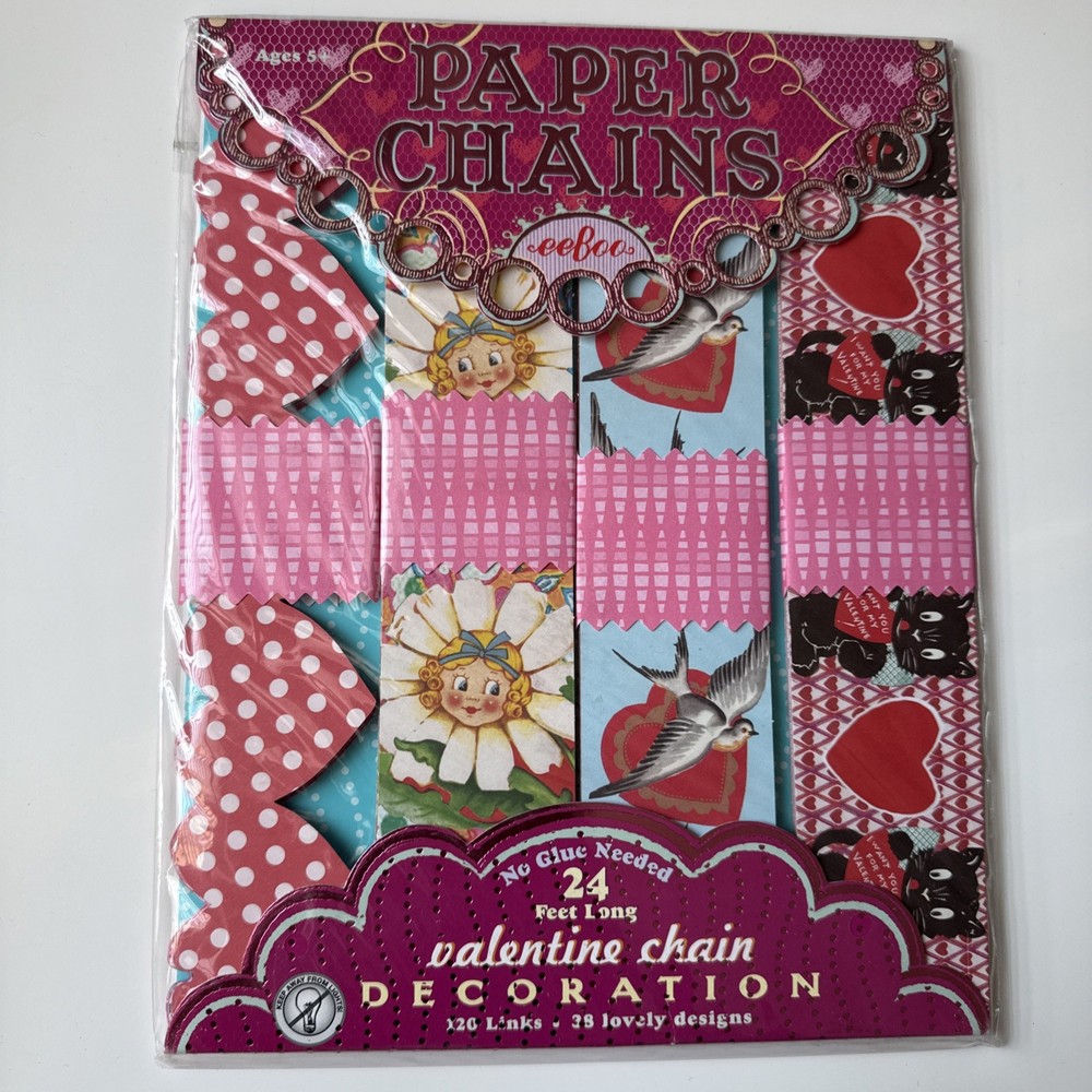 eeBoo Valentine Paper Chain kit featuring vintage-style illustrations of hearts