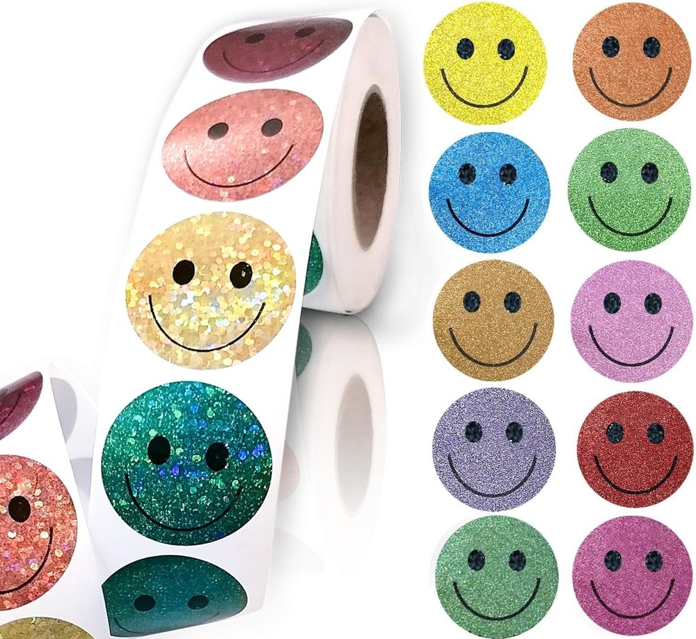 Glitter dot Smiley face Stickers,Foil Shiny Happy Face Stickers for Kids Reward,