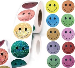 Glitter dot Smiley face Stickers,Foil Shiny Happy Face Stickers for Kids Reward,