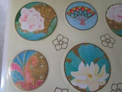 Floral Fans Asian Inspired Round Sticker Seals Vintage Hallmark Two Sheets GUC