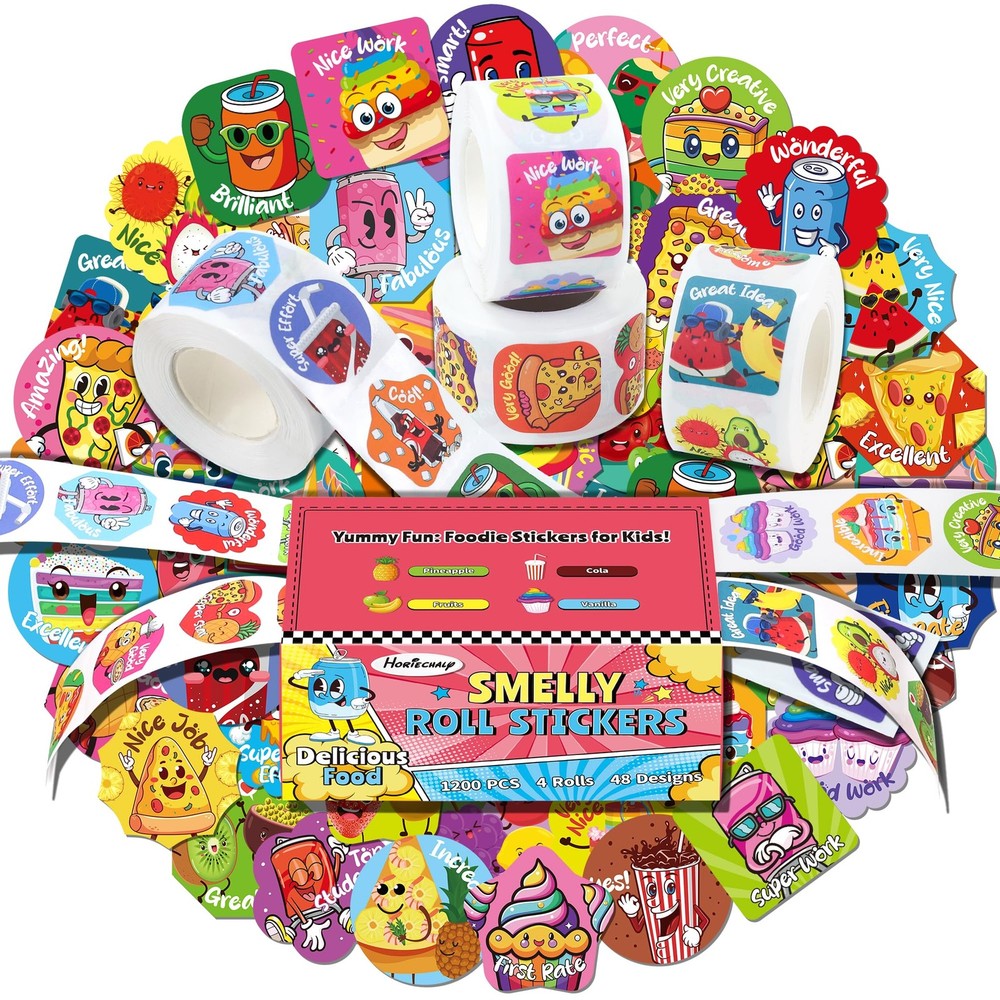 Smelly Roll Stickers for Kids, 4 Rolls, 1200 Pcs, Scratch & Sniff