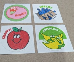 Vtg Matte Trend Peach Blueberry Apple Banana Scratch & Sniff Stickers Set of 4